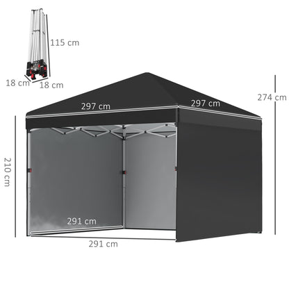 3 x 3 (M) Pop Up Gazebo Event Shelter, Height Adjustable Party Tent with 2 Sidewalls, Weight Bags and Wheeled Bag