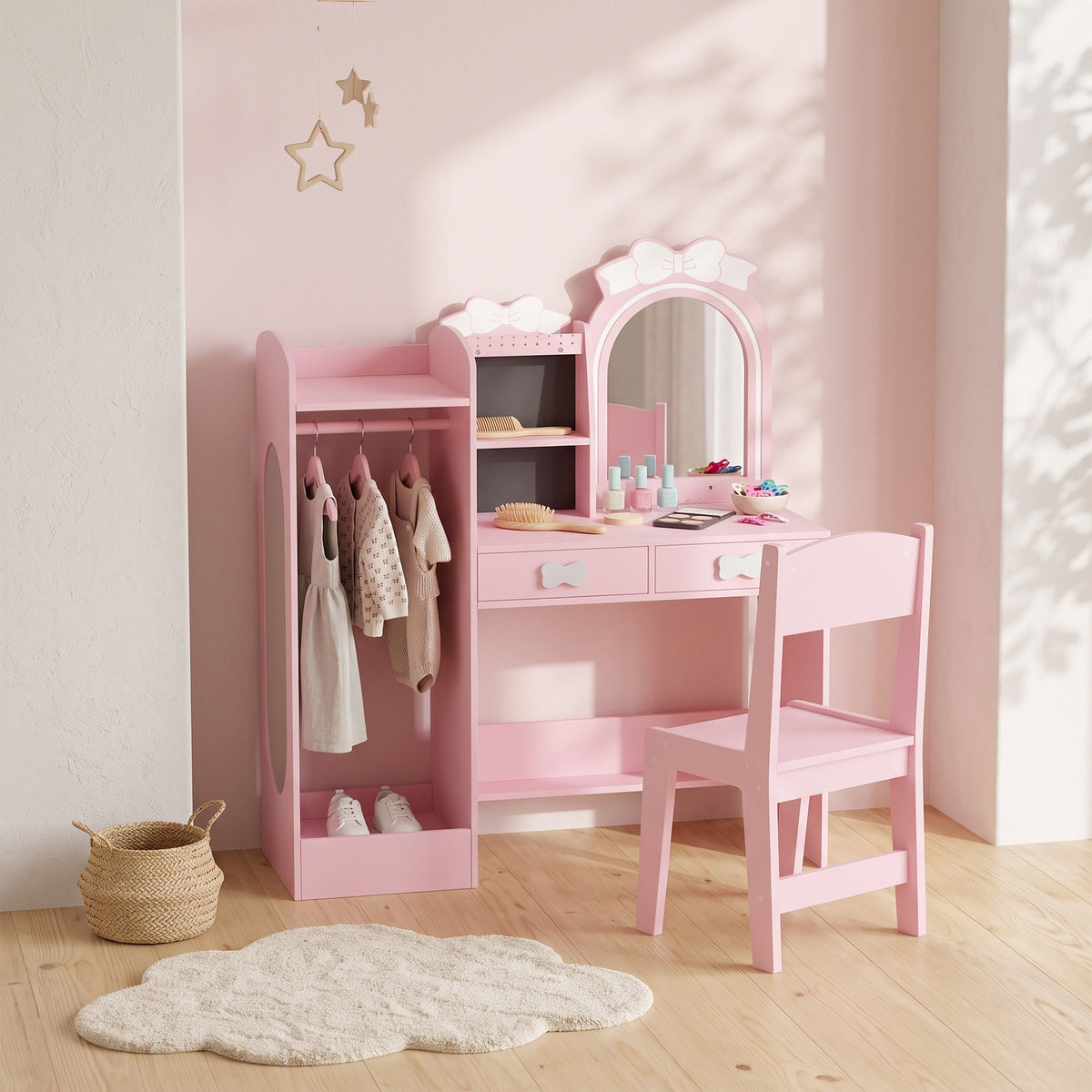 Kids Dressing Table with Stool, 2-Colour Lights Mirror, Pink
