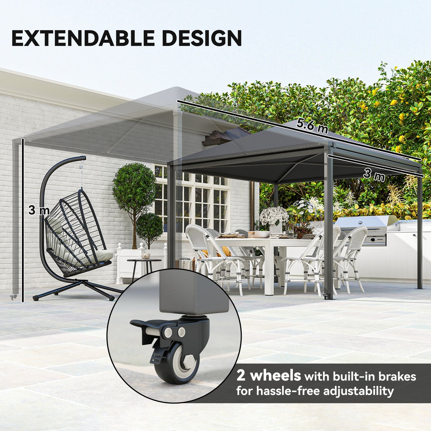 3 x 3(m) Garden Gazebo Canopy with Extendable Awning and Wheels