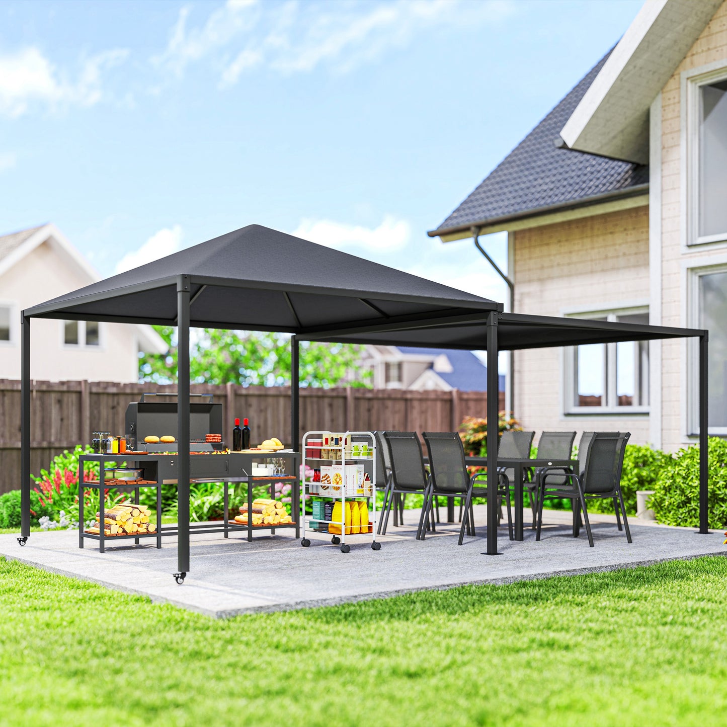 3 x 3(m) Garden Gazebo Canopy with Extendable Awning and Wheels