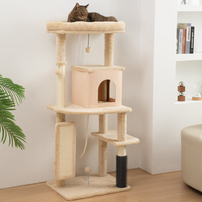 Cat Tree Tower Scratching Post Bed House, 132cm, Beige