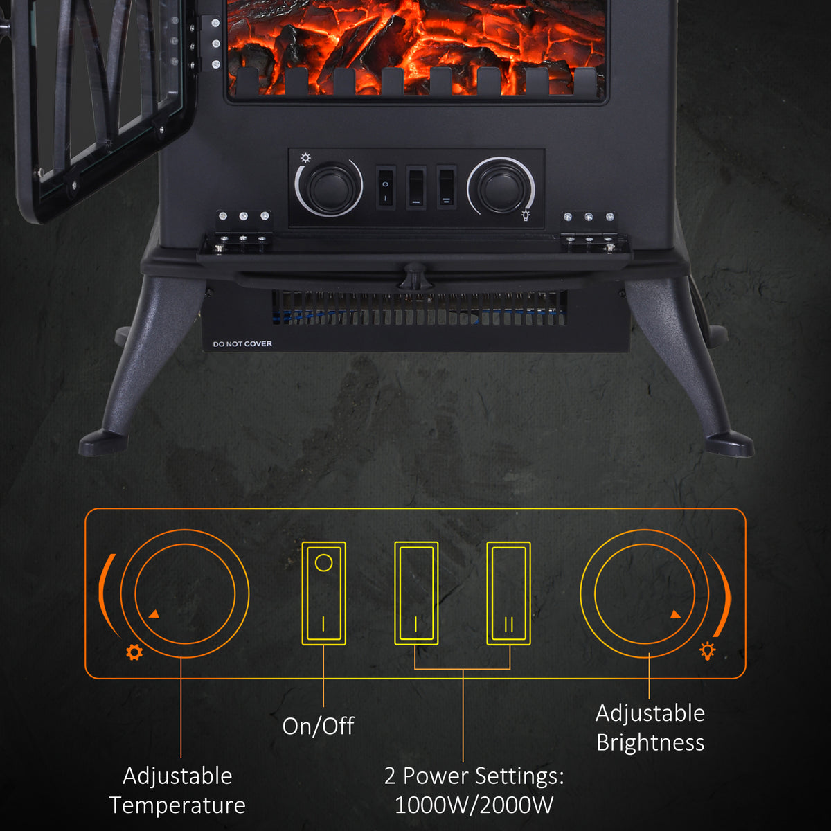 Free Standing Fireplace Flame Effect Electric Heater Log Burning Black