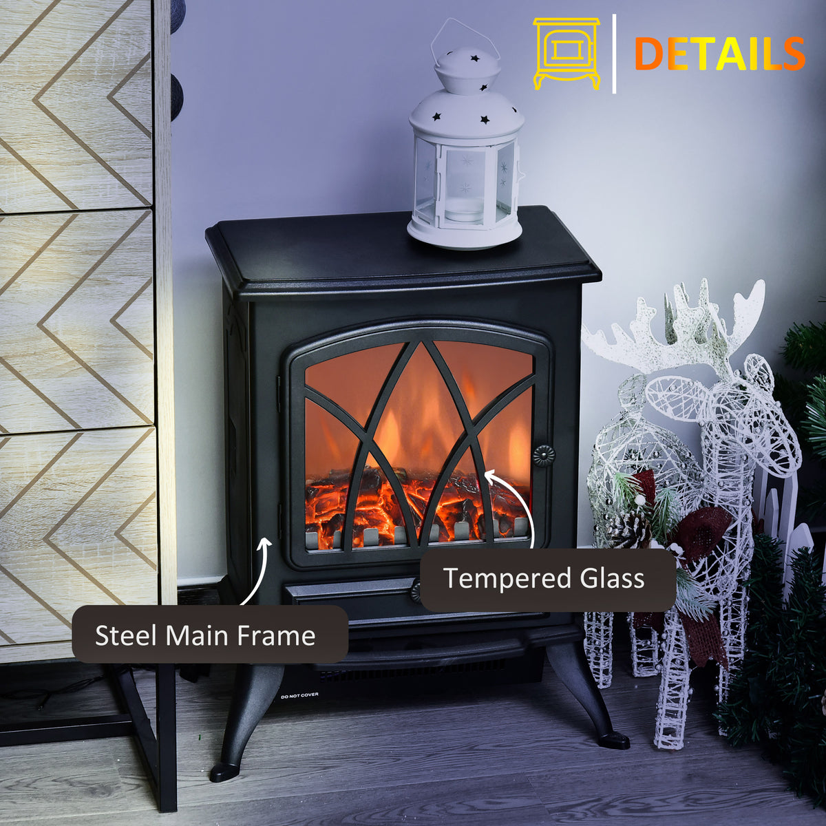 Free Standing Fireplace Flame Effect Electric Heater Log Burning Black