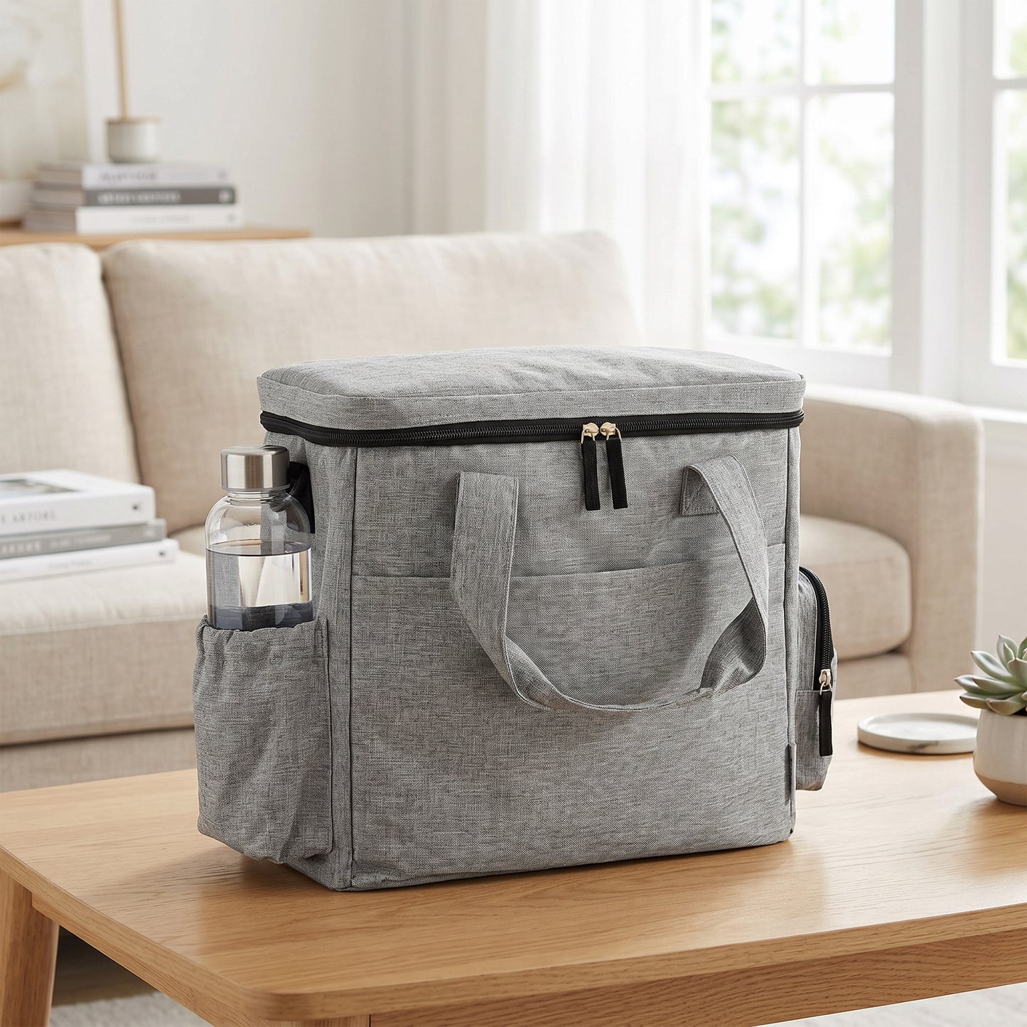 Dog Travel Bag, Dog Walking Bag with Multiple Pockets, Two Food Containers and Silicone Collapsible Bowl, Treat Pouch Bag for Cat Puppy Picnic Camping, Light Grey