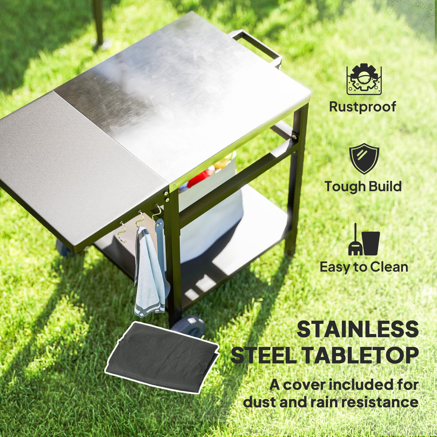 BBQ Trolley with Foldable Side Table, Movable Pizza Table, Black