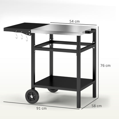 BBQ Trolley with Foldable Side Table, Movable Pizza Table, Black
