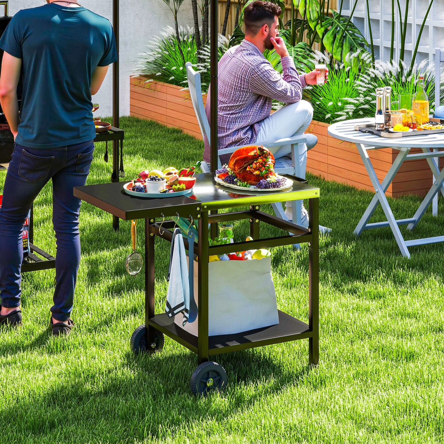 BBQ Trolley with Foldable Side Table, Movable Pizza Table, Black