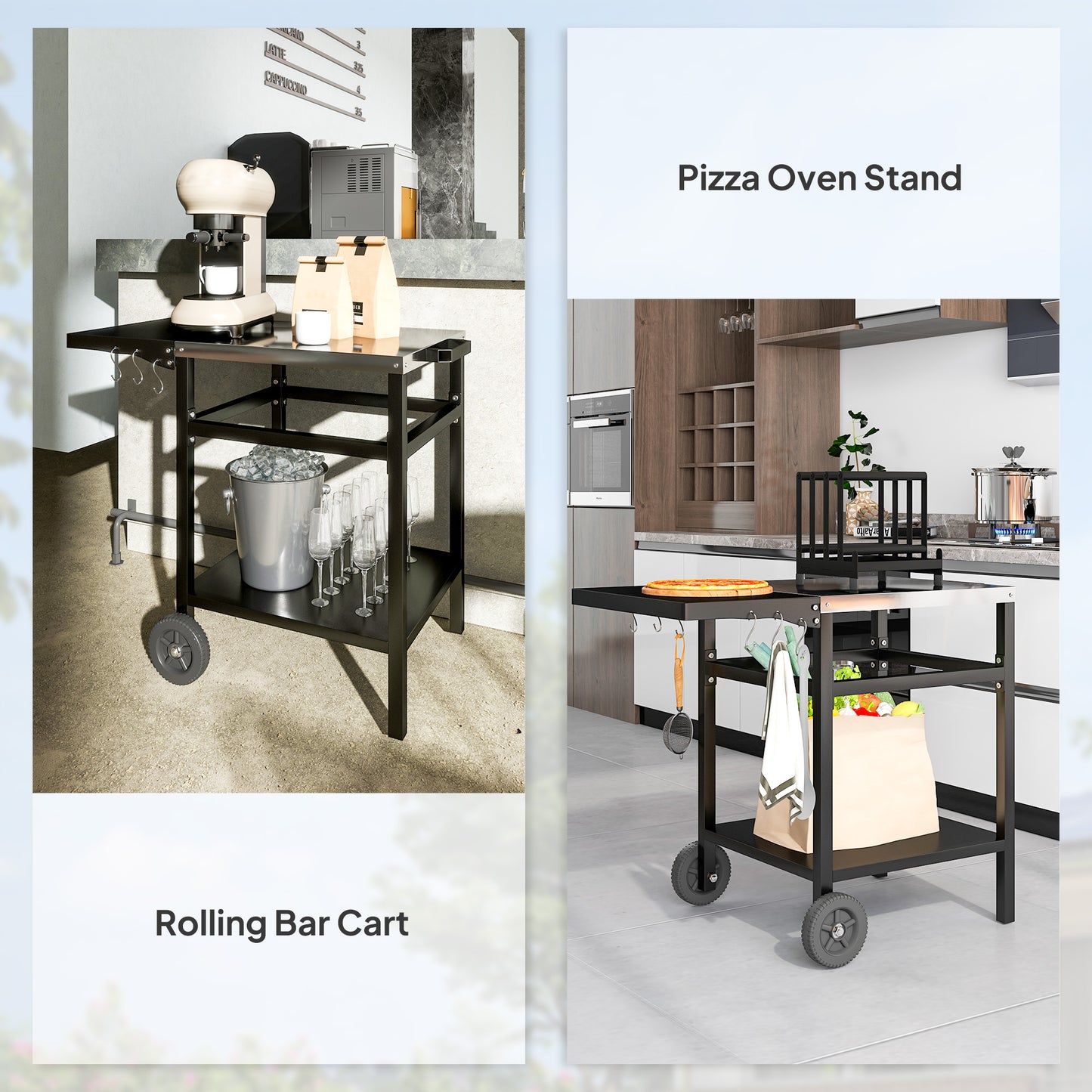 BBQ Trolley with Foldable Side Table, Movable Pizza Table, Black