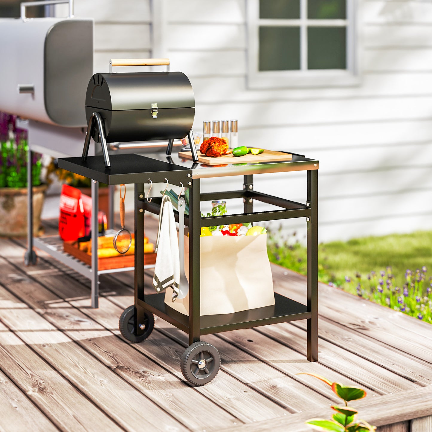 BBQ Trolley with Foldable Side Table, Movable Pizza Table, Black