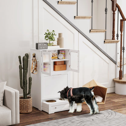 Dog Feeding Station with 2 Storage Cabinets, Dog Food Storage Cabinet with 2 Raised Bowls, Side Hooks, Anti-tip Kit for Water and Feeding Supplies, White