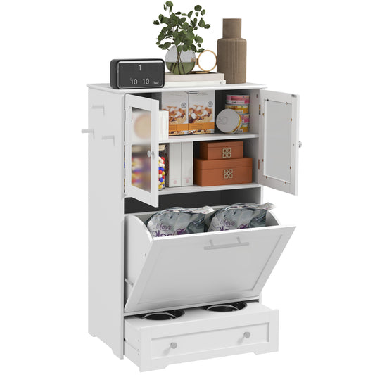 Dog Feeding Station with 2 Storage Cabinets, Dog Food Storage Cabinet with 2 Raised Bowls, Side Hooks, Anti-tip Kit for Water and Feeding Supplies, White