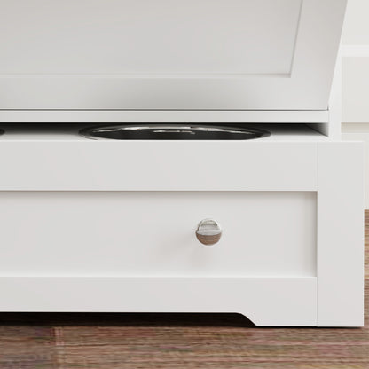 Dog Feeding Station with 2 Storage Cabinets, Dog Food Storage Cabinet with 2 Raised Bowls, Side Hooks, Anti-tip Kit for Water and Feeding Supplies, White