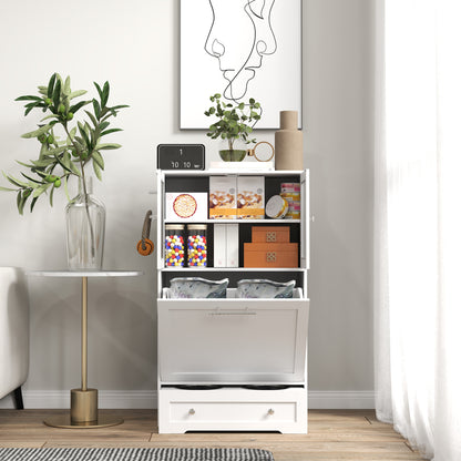 Dog Feeding Station with 2 Storage Cabinets, Dog Food Storage Cabinet with 2 Raised Bowls, Side Hooks, Anti-tip Kit for Water and Feeding Supplies, White