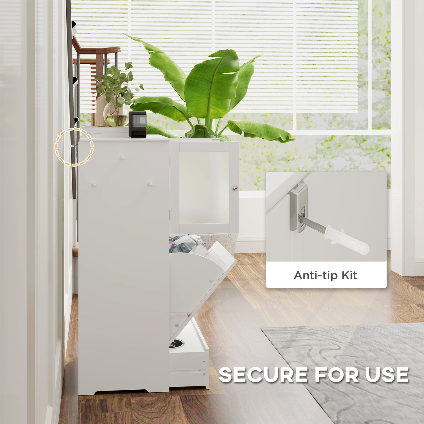 Dog Feeding Station with 2 Storage Cabinets, Dog Food Storage Cabinet with 2 Raised Bowls, Side Hooks, Anti-tip Kit for Water and Feeding Supplies, White