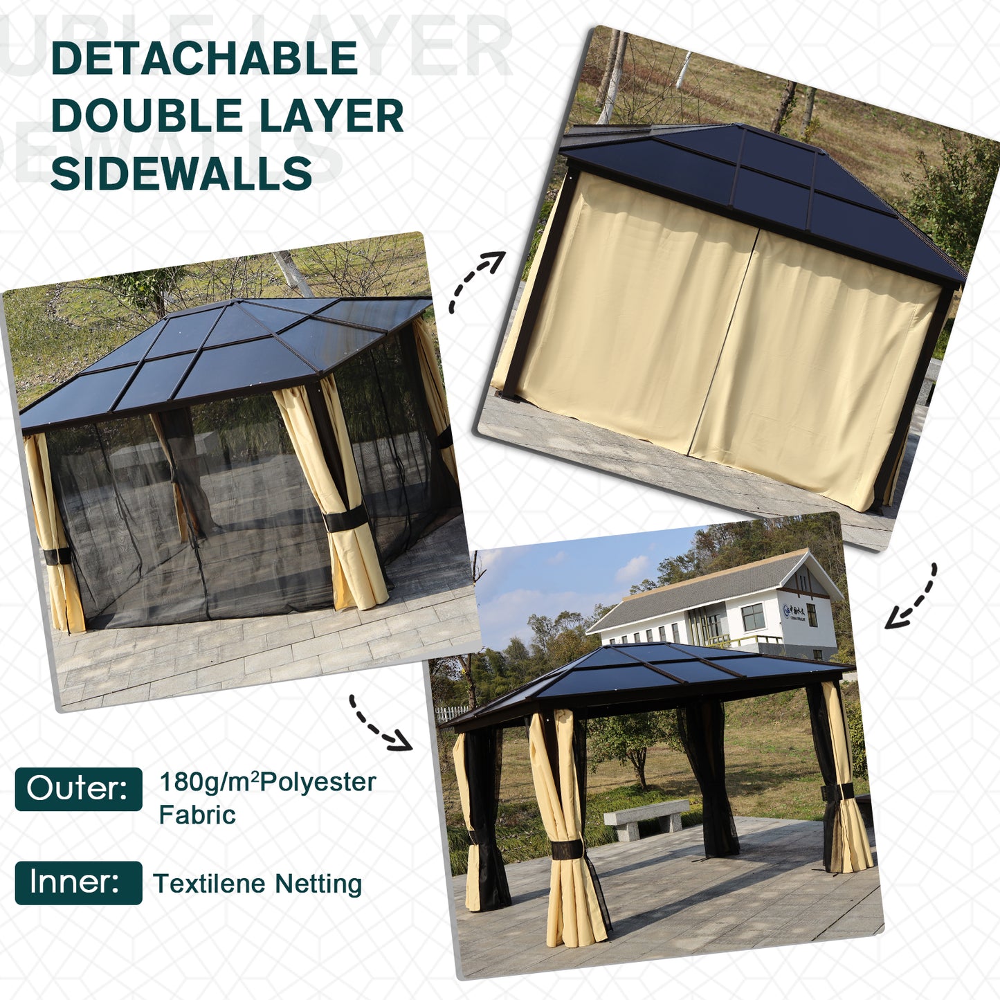Outsunny 3 x 3.6m Polycarbonate Hard Top Gazebo with LED Solar Light and Aluminium Frame, Garden Pavilion with Mosquito Netting and Curtains