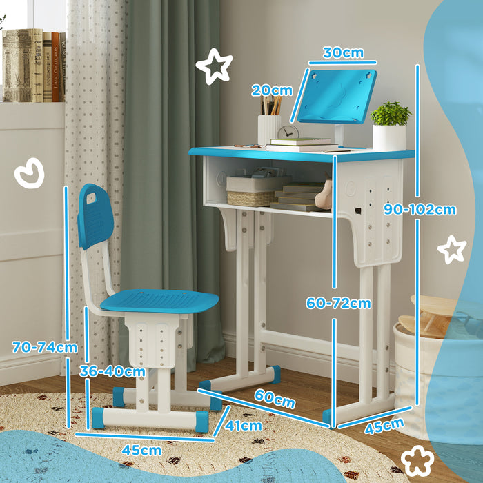 Kids Desk and Chair Set w/ Drawer, Book Stand, Pen Slot, Blue