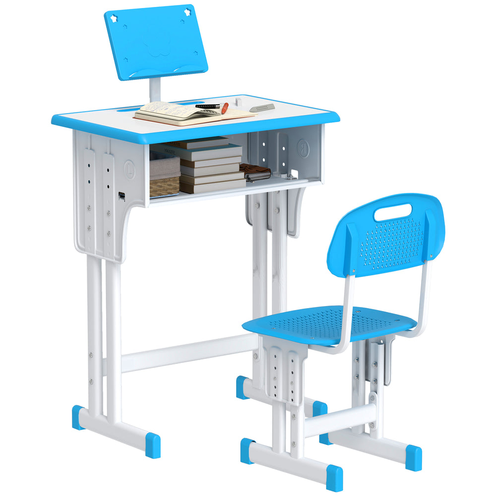 Kids Desk and Chair Set w/ Drawer, Book Stand, Pen Slot, Blue