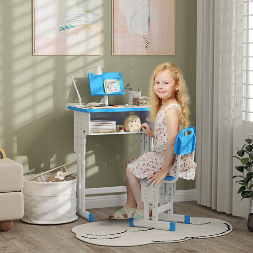 Kids Desk and Chair Set w/ Drawer, Book Stand, Pen Slot, Blue