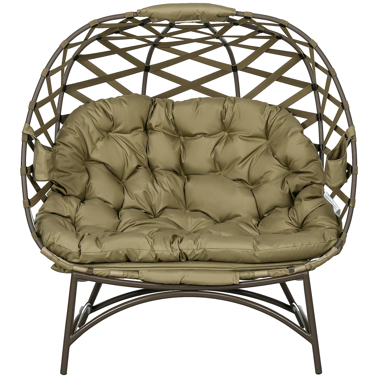 2 Seater Egg Chair Outdoor, Folding Weave Garden Furniture Chair with Cushion, Cup Pockets - Khaki