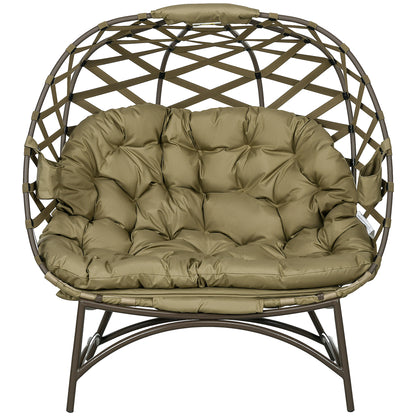 2 Seater Egg Chair Outdoor, Folding Weave Garden Furniture Chair with Cushion, Cup Pockets - Khaki
