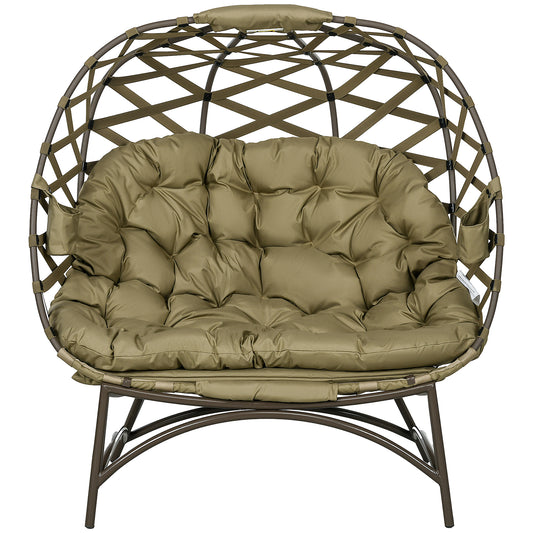 2 Seater Egg Chair Outdoor, Folding Weave Garden Furniture Chair with Cushion, Cup Pockets - Khaki