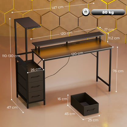 147cm Gaming Desk with Charging Station and RGB Lights, Black