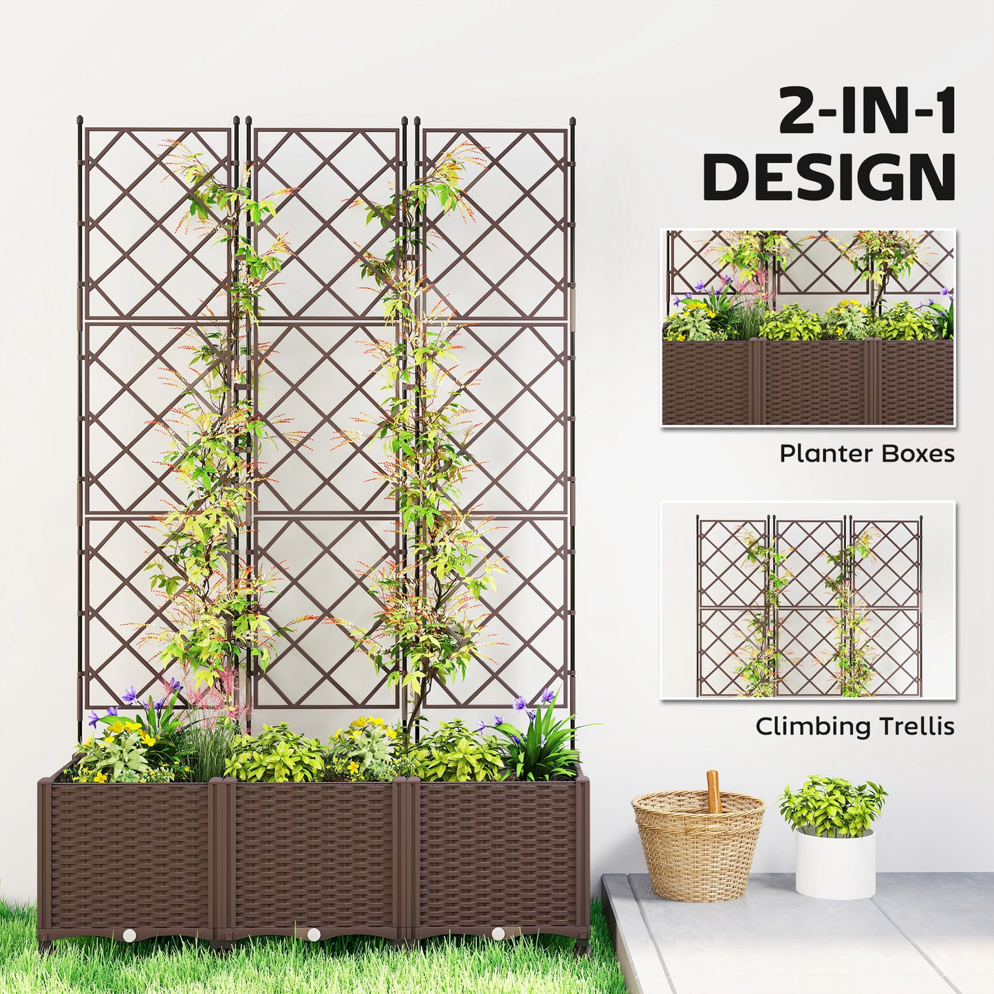 Plastic Raised Planter with Trellis and Self Watering Design