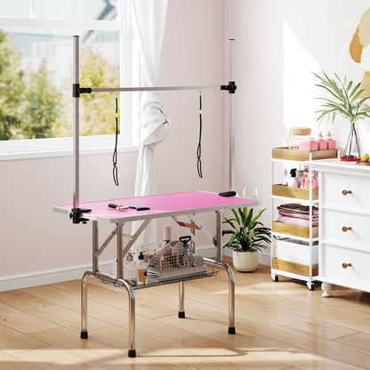 PawHut Metal Adjustable Dog Grooming Table Rubber Top 2 Safety Slings Mesh