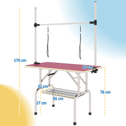 PawHut Metal Adjustable Dog Grooming Table Rubber Top 2 Safety Slings Mesh