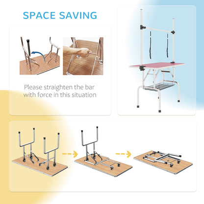 PawHut Metal Adjustable Dog Grooming Table Rubber Top 2 Safety Slings Mesh