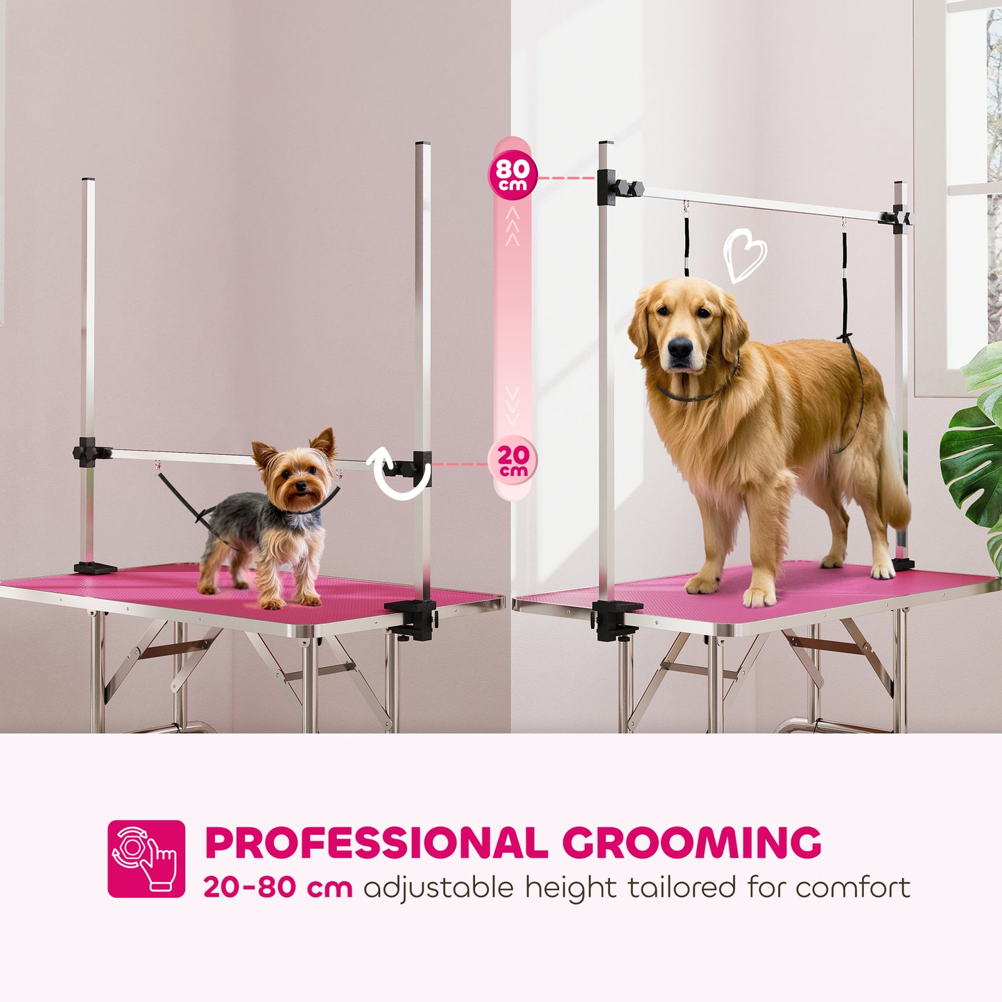 PawHut Metal Adjustable Dog Grooming Table Rubber Top 2 Safety Slings Mesh