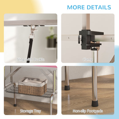 PawHut Metal Adjustable Dog Grooming Table Rubber Top 2 Safety Slings Mesh