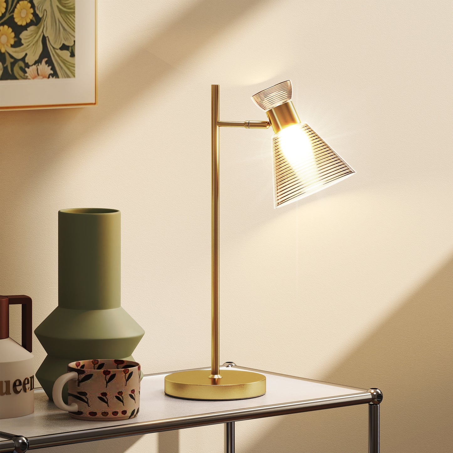 Table Lamp with Adjustable Head, Modern Bedside Lamp, Gold Tone