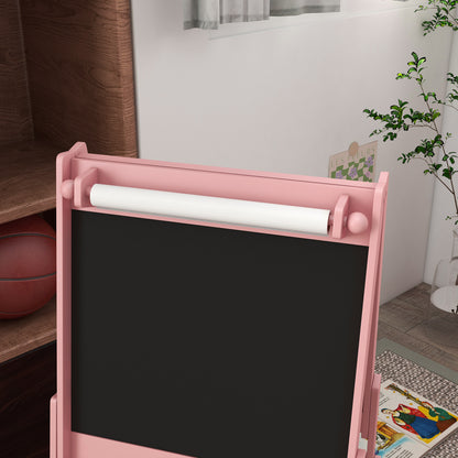 Kids Easel with Paper Roll, Blackboard, Whiteboard, Storage, Pink