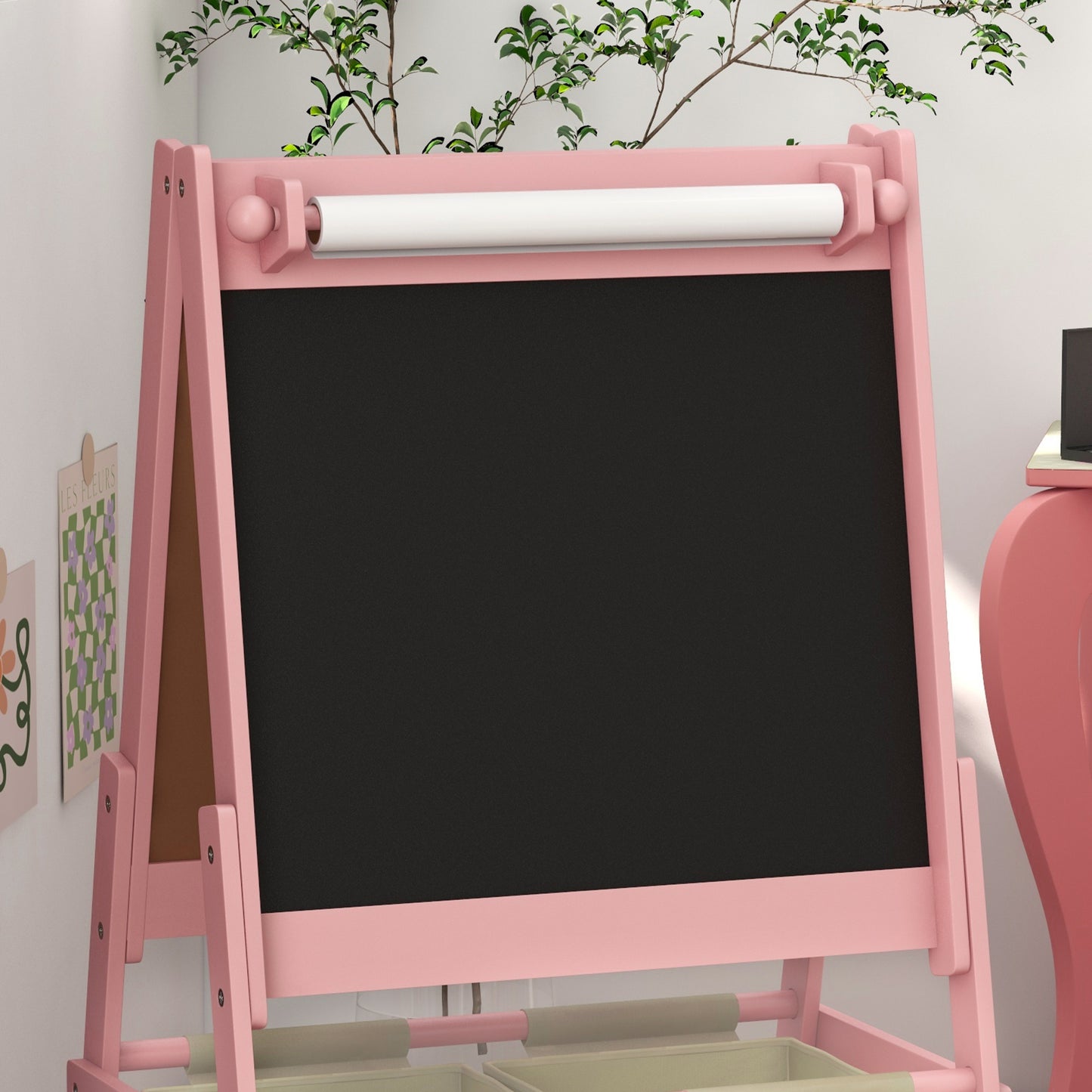 Kids Easel with Paper Roll, Blackboard, Whiteboard, Storage, Pink