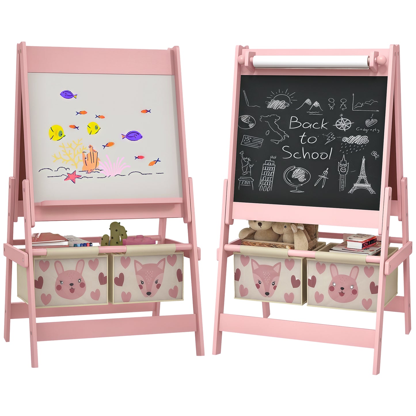 Kids Easel with Paper Roll, Blackboard, Whiteboard, Storage, Pink
