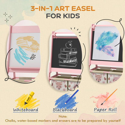 Kids Easel with Paper Roll, Blackboard, Whiteboard, Storage, Pink