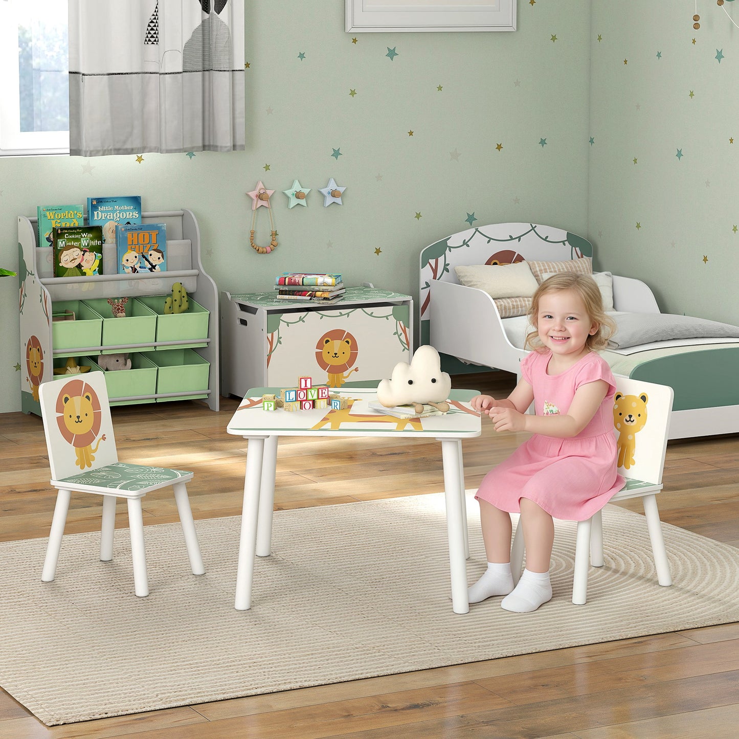 3-Piece Kids Table and Chair Sets, Kids Table with 2 Chairs Set Furniture with Star Pattern for Boys and Girls, Bedroom, Nursery, Playroom, Green