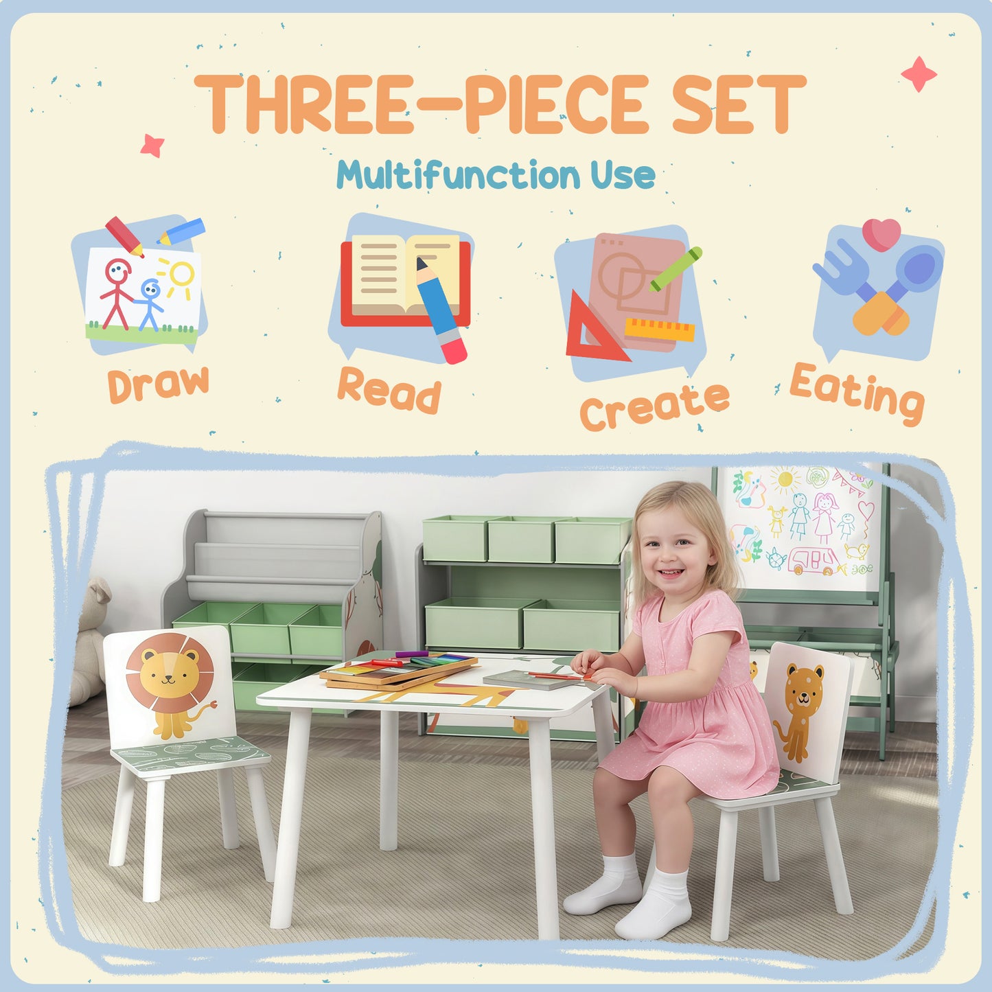 3-Piece Kids Table and Chair Sets, Kids Table with 2 Chairs Set Furniture with Star Pattern for Boys and Girls, Bedroom, Nursery, Playroom, Green