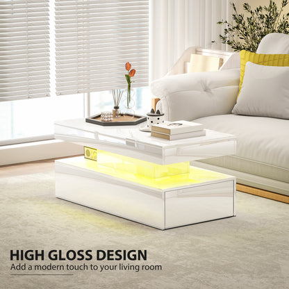 LED Coffee Table with Storage, High Gloss Living Room Table, White