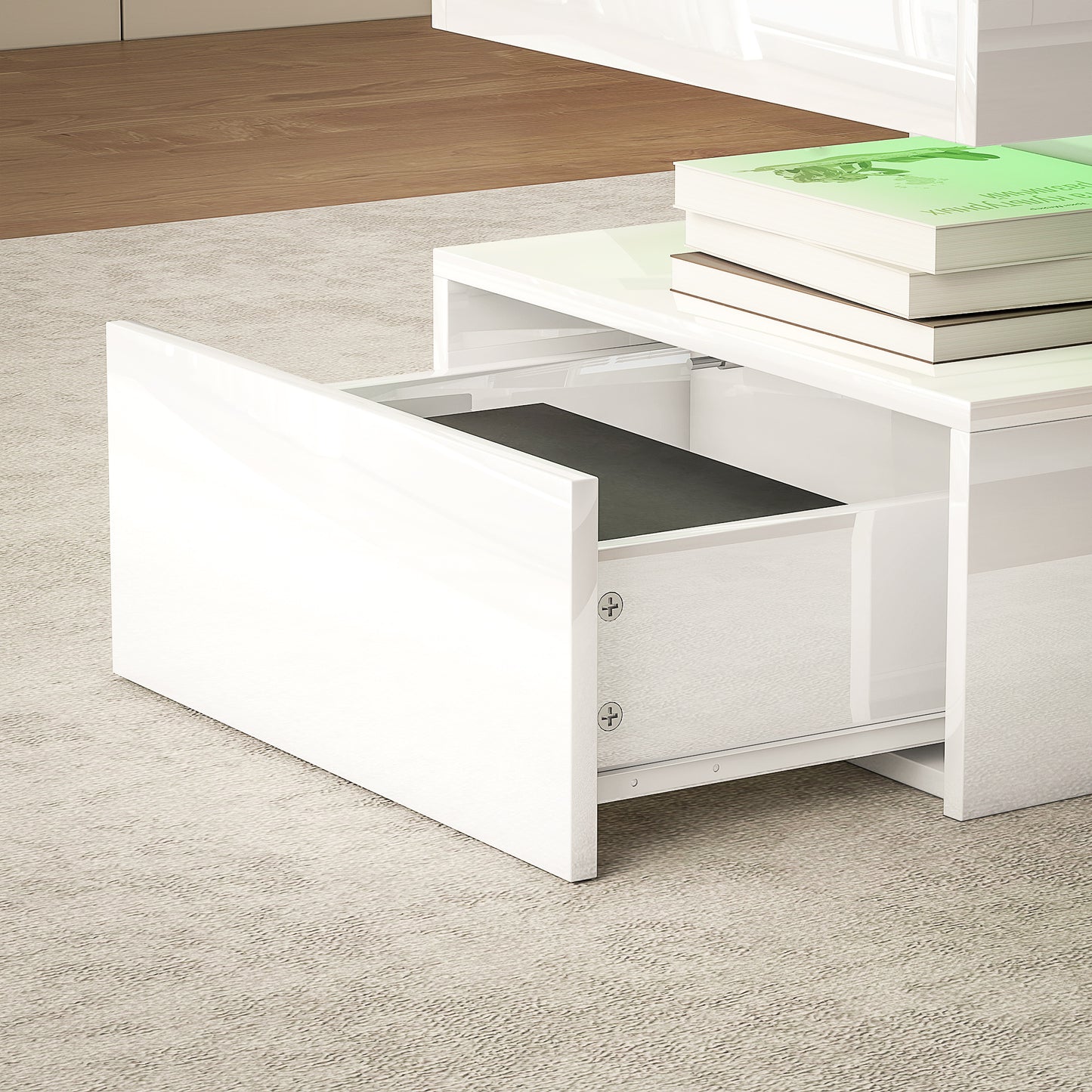 LED Coffee Table with Storage, High Gloss Living Room Table, White