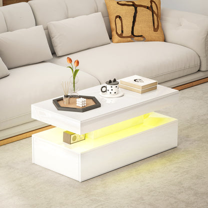 LED Coffee Table with Storage, High Gloss Living Room Table, White