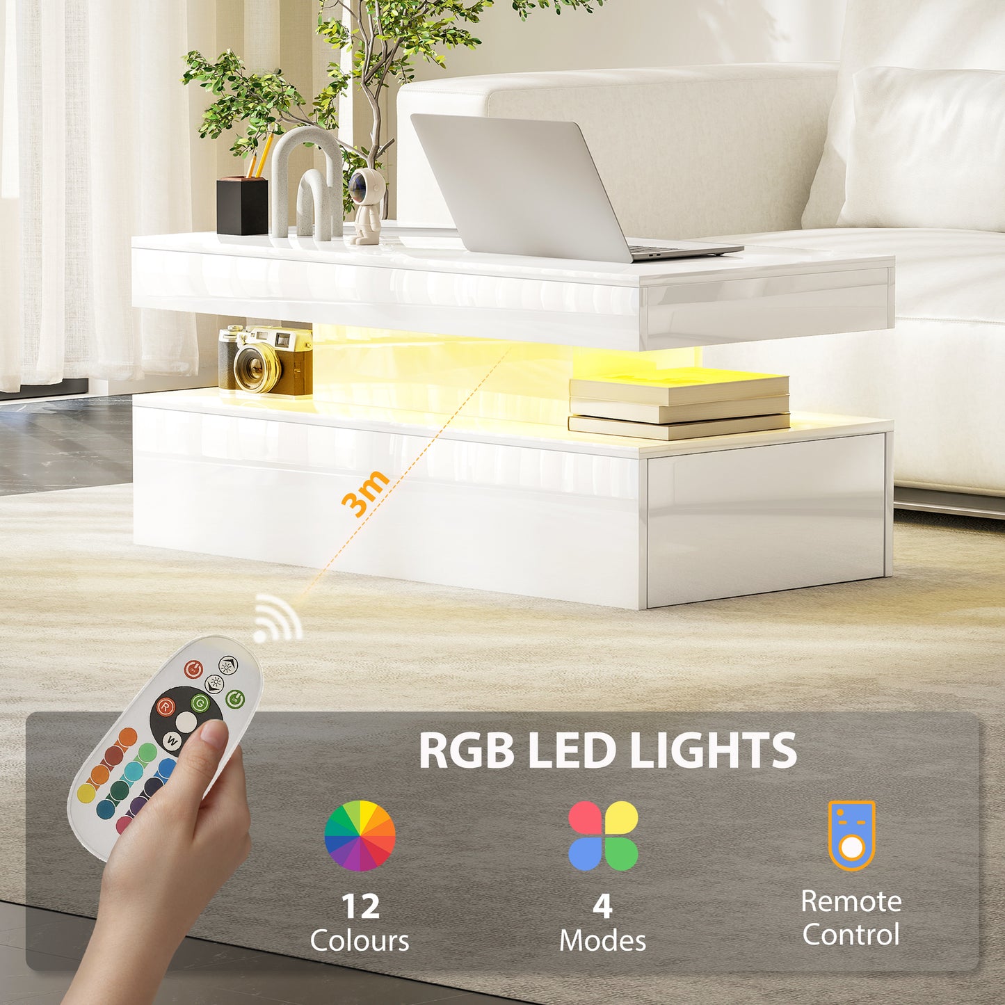 LED Coffee Table with Storage, High Gloss Living Room Table, White