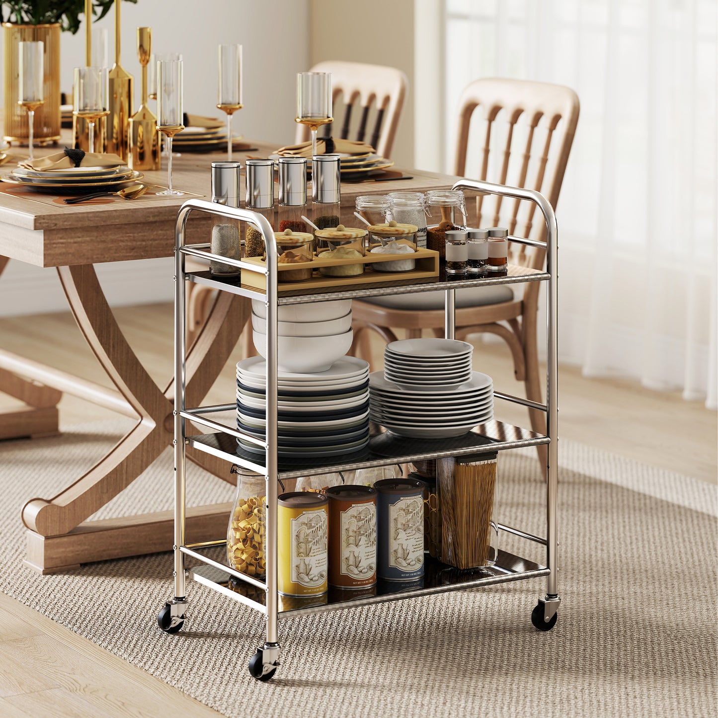 3 Tier Kitchen Trolley on Wheels Serving Cart with Handles Silver