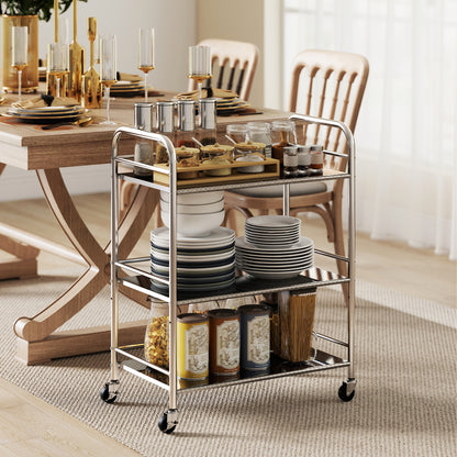3 Tier Kitchen Trolley on Wheels Serving Cart with Handles Silver
