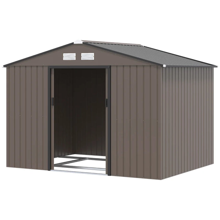 9 x 6FT Garden Metal Storage Shed Outdoor Storage Shed with Foundation Ventilation & Doors, Brown