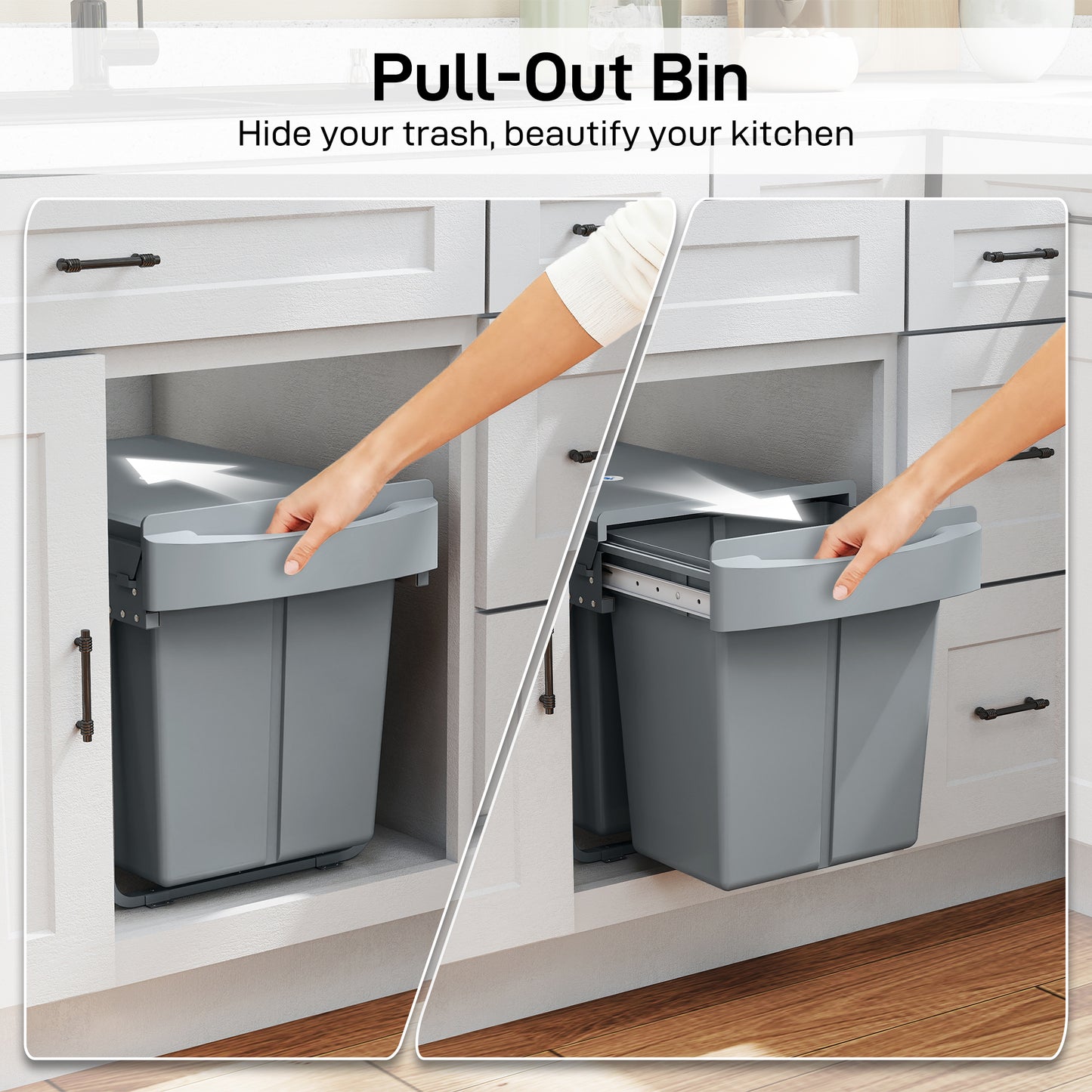 Kitchen Cupboard Bin with 40L Dual Compartment, Pull Out Bin, Grey