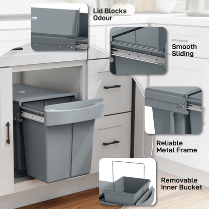Kitchen Cupboard Bin with 40L Dual Compartment, Pull Out Bin, Grey