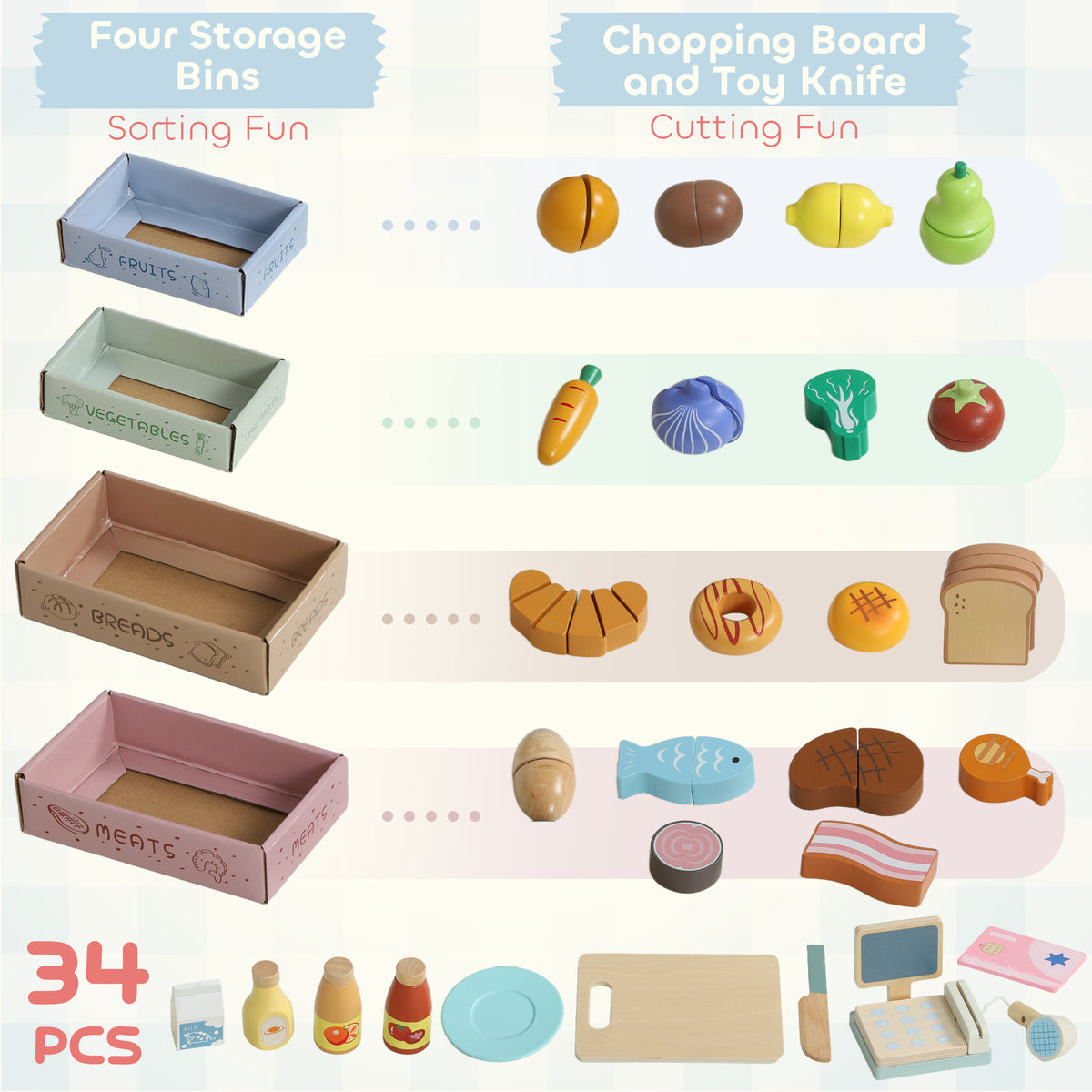 Wooden Toy Shop, Supermarket Role Play with 34 Accessories, Green