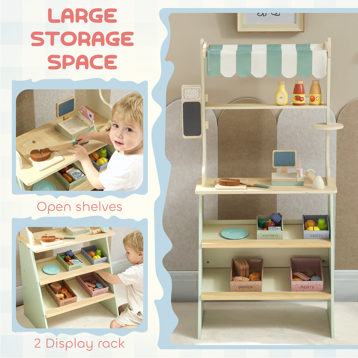 Wooden Toy Shop, Supermarket Role Play with 34 Accessories, Green
